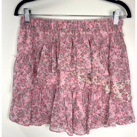 LoveShackFancy Dresses & Skirts - LoveShackFancy Genevieve Mini Skirt Multi Floral Pink Tiered Ruffle Silk Summer